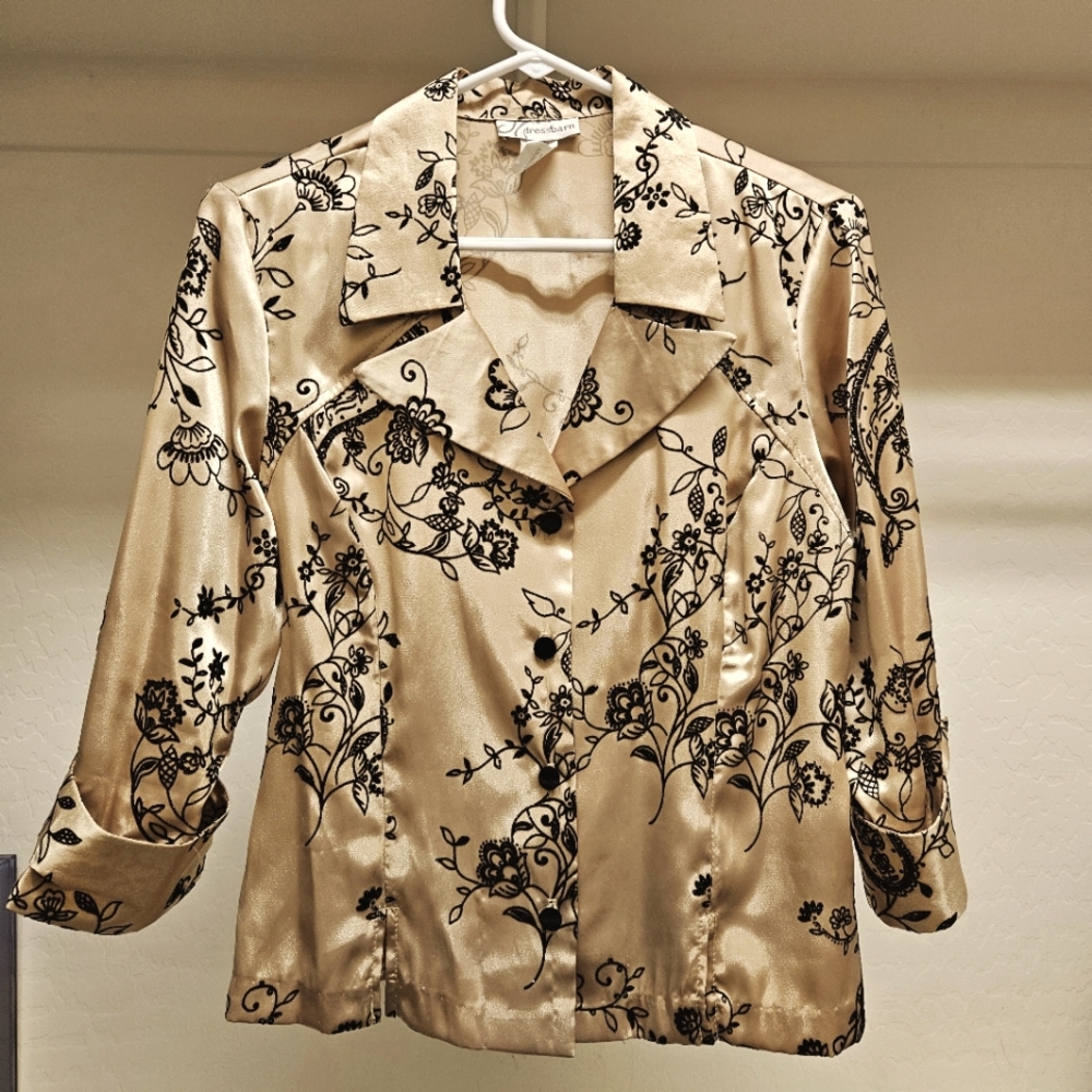 Gold silk and black velvet women's blouse, size medium, work outfit, wedding top